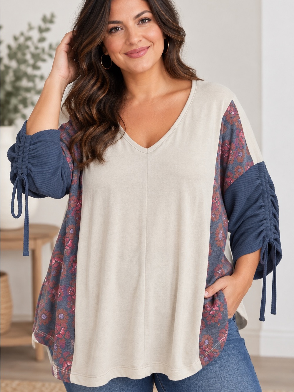 Live Well Design 18/20W Boho Floral Colorblock Ruched Sleeve Tunic Top